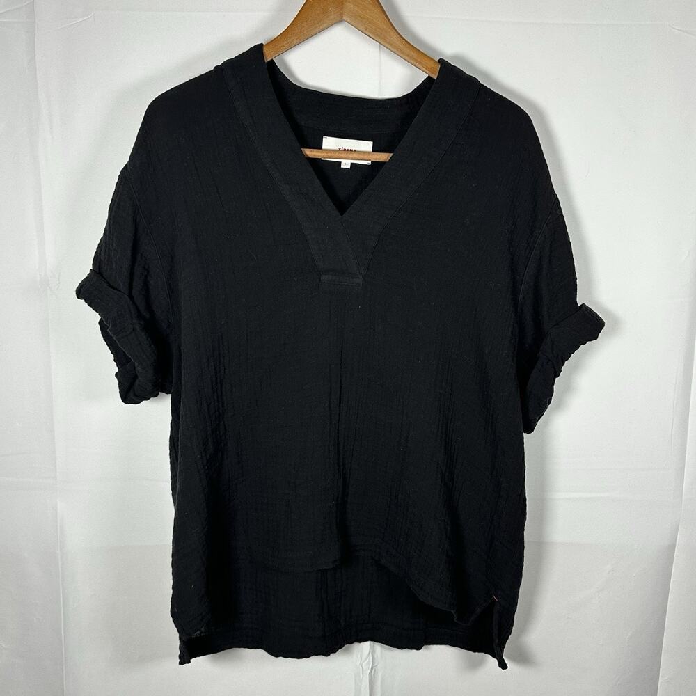 XiRENA Cotton Gauze Top Black V-Neck Oversized Easy Shirt Women’s Small USA